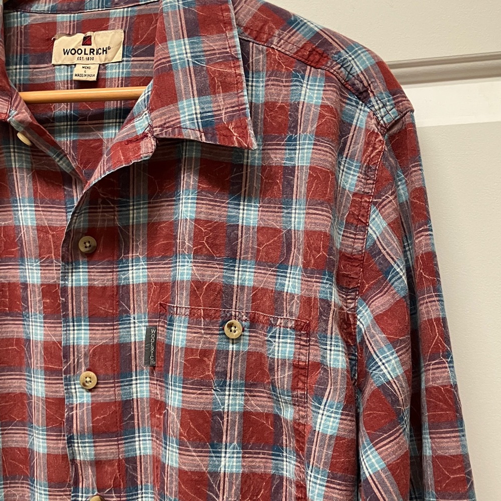 Woolrich cotton plaid shirt, button down long sleeve, burgundy red, blue, L